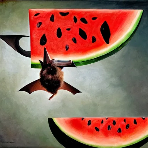 Image similar to realistic fluffy bat falls from the ceiling to eat a triangle slice of watermelon in the museum, highly detailed, sharp focus, oil painting, artwork by Victor Adame Minguez + Lovell + Sandro Botticelli