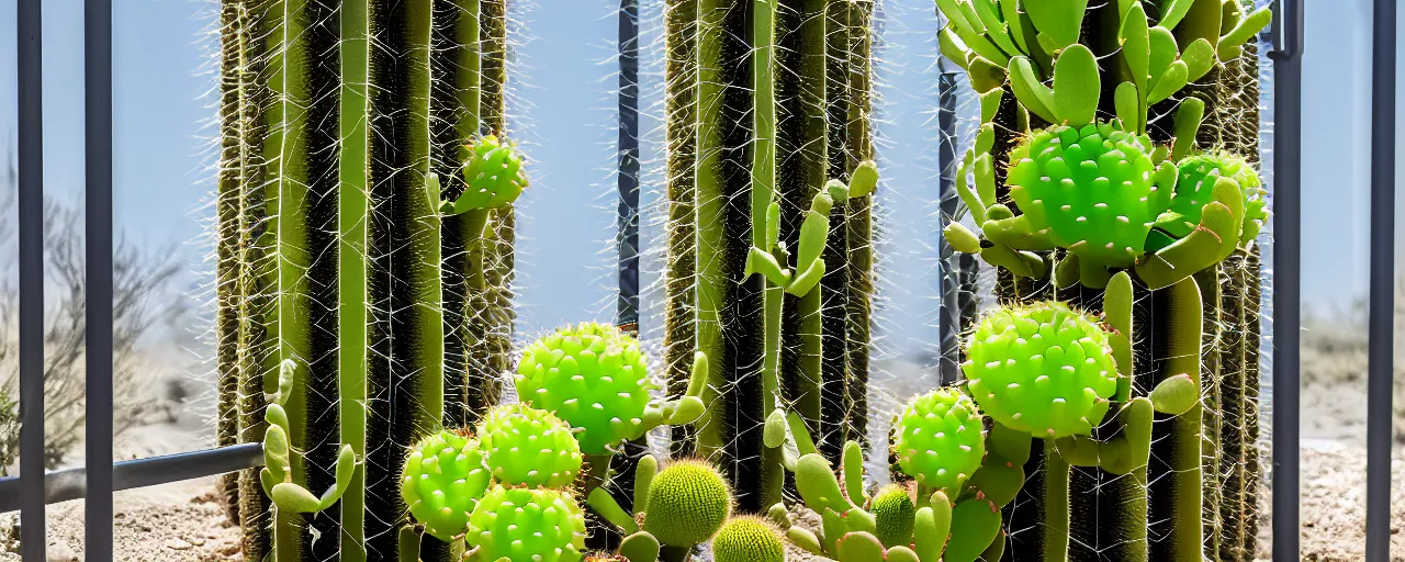 Image similar to mushroom-shaped electrostatic water condensation collector tower, irrigation, vertical gardens, cacti, in the desert, XF IQ4, 150MP, 50mm, F1.4, ISO 200, 1/160s, natural light