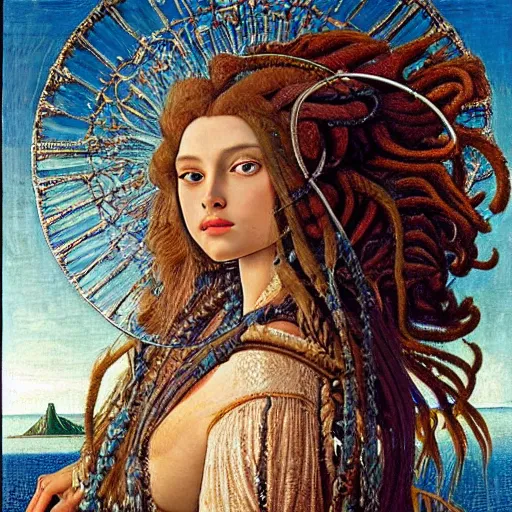 Image similar to intricate detail, hyper detail, lady of elche techno mystic princess intergalactica, ashteroth, with aqua neon rapunzel dreadlocks, detailed, by sandro botticelli, gaston bussiere, h. r. giger, masterpiece, sharp focus,