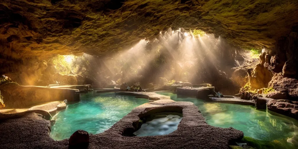 Image similar to detailed interior of cozy hotsprings hidden inside a cave, small waterfalls, lush vegetation, flowers, towels, plates of fruit, god rays, light shafts, stunning atmosphere, by Peter Mohrcacher, cinematic lighting