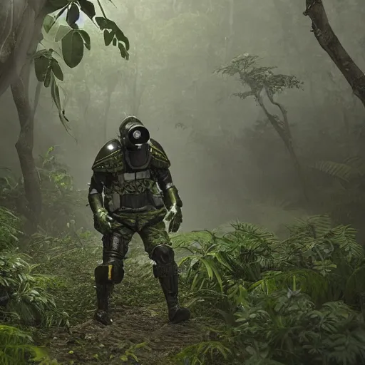 Image similar to a heavily armored man wearing a gasmask, walking through a lush jungle, realistic octane render, ray traced, god rays, extremely high detail