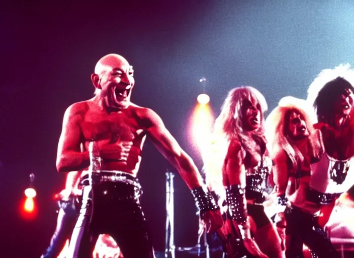 Prompt: publicity photo still of patrick stewart in motley crue live on stage 1 9 8 8, 8 k, live concert lighting, mid shot