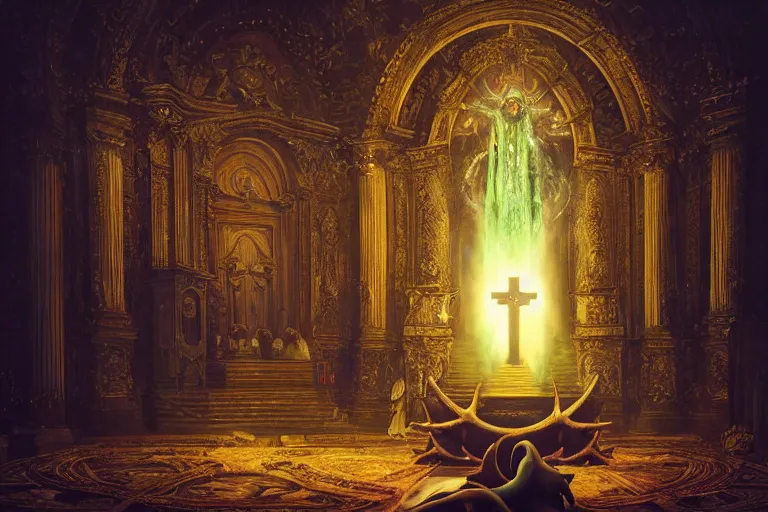 Image similar to photography group circle pope priest in an invoking ritual in front of a viscosity cthulhu within a lovecraft portal in a baroque intricate church, atmospheric lighting, rich deep colors masterpiece, fractal crystals, fantasy portrait by tom bagshaw