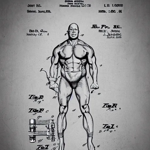 Prompt: patent drawings of the body of Dwayne Johnson