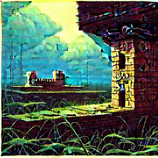 Image similar to pillbox paragonpunk fortress half-sunk in a noxious Swamp, by Colleen Doran and by Angus McBride and by Ted Nasmith, low angle dimetric rendering, centered, 3-point perspective