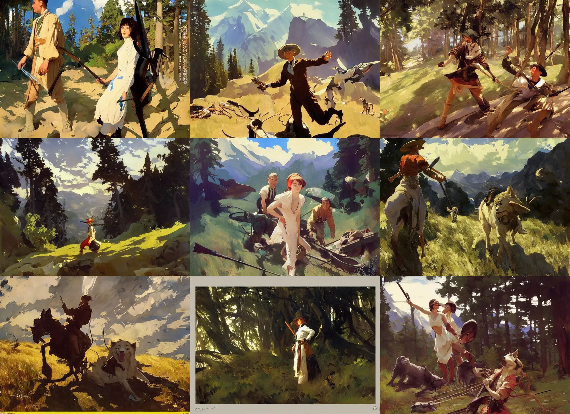 Prompt: painting by sargent and leyendecker and greg hildebrandt savrasov levitan polenov, studio ghibly style mononoke, middle earth hunting masterpiece