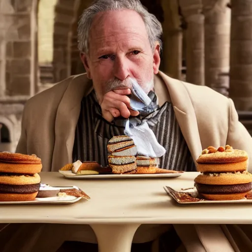 Image similar to closeup portrait of a medieval us senator eating cakes in the cloisters, depth of field, zeiss lens, detailed, symmetrical, centered, fashion photoshoot, by annie leibovitz and steve mccurry, david lazar, jimmy nelsson, breathtaking, 8 k resolution, extremely detailed, beautiful, establishing shot, artistic, hyperrealistic, beautiful face, octane render