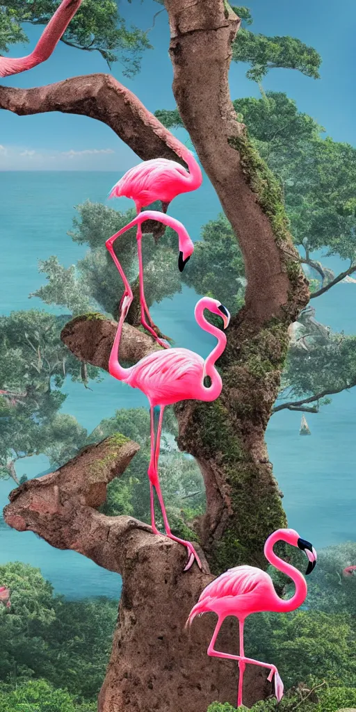 Image similar to a flamingo with 8 legs climbing a tree between the ruins of atlantis 4 k