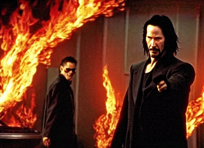 Image similar to Movie still of Keanu Reeves as Neo in The Matrix movie doing a thumb up to the camera in front on burning servers, servers in flames in the background, doing a thumb up, The Matrix servers on fire, uncropped, full body, crispy, symmetrical face, ultra detailed, cinematic, thumb up, double thumb up to the camera