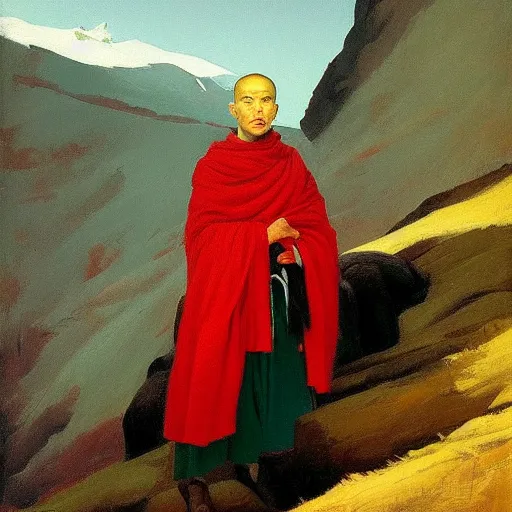 Image similar to sienna portrait of the astute monk crimson and sienna robe ascending the mountain to the monastery paro taktsang jamie wyeth james gilleard edward hopper oil painting