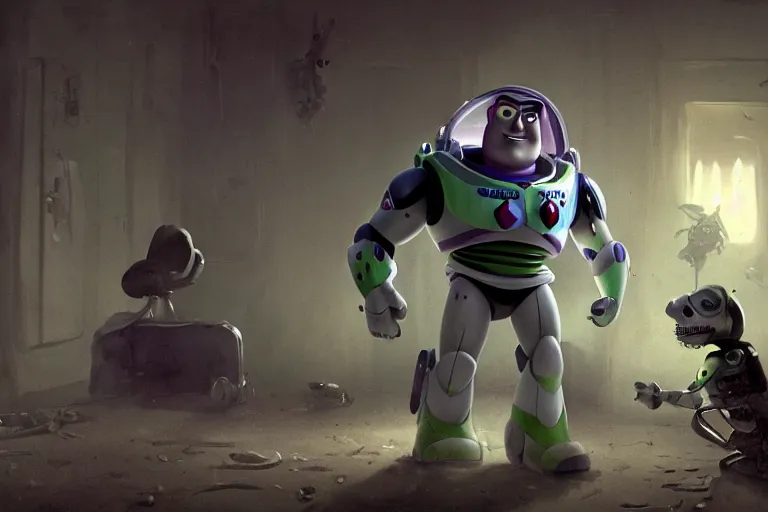 Prompt: A still of buzz lightyear pixar movie, creepy, horror,greg rutkowski