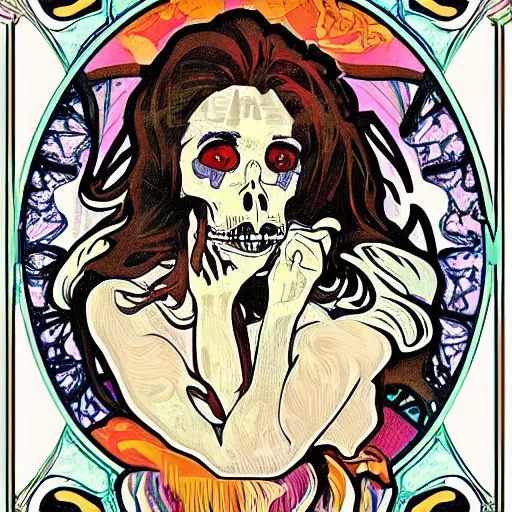 Prompt: ape portrait skull skeleton dreaming in the style of Alphonse Mucha illustration pop art