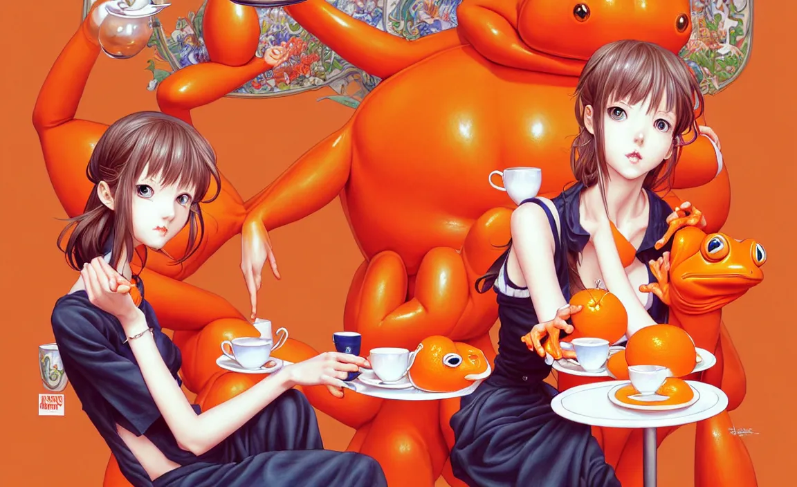 Image similar to a French girl in a café with a giant orange frog. insanely and epically detailed supreme-quality color ink pen artwork, amazingly composed image, illustrated by Range Murata and Artgerm and Stanley Law.