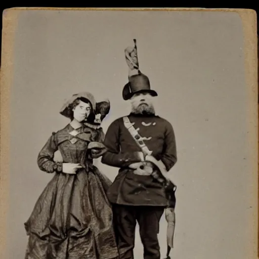 Image similar to vintage photo of a union soldier and his anime catgirl wife