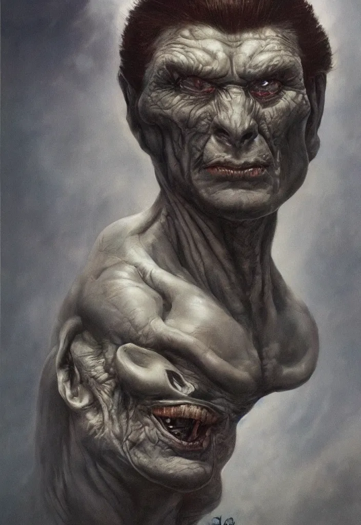 Prompt: ultra realistic portrait painting of the gray alien leader in military captivity from zeta reticuli, one large head, two large deep black eyes, small nose and small mouth, light grey moist skin, art by frank frazetta, 4 k, ultra realistic, highly detailed, epic lighting