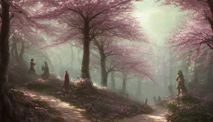 Prompt: A beautiful epic painting of a path though a cherry blossom forest by greg rutkowski and thomas kinkade, Trending on artstation HD.
