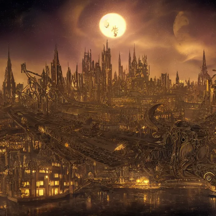 Image similar to a floating city in a night sky, with a steampunk aesthetic and dirigibles floating in the air, cityscape, golden spires, art nouveau architecture, powered by arcane magic, huge bridge