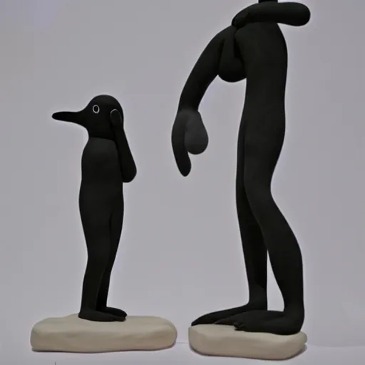 Image similar to morph and pingu in an art gallery, clay sculptures, figurative sculpture, white gallery, contemporary, photorealistic