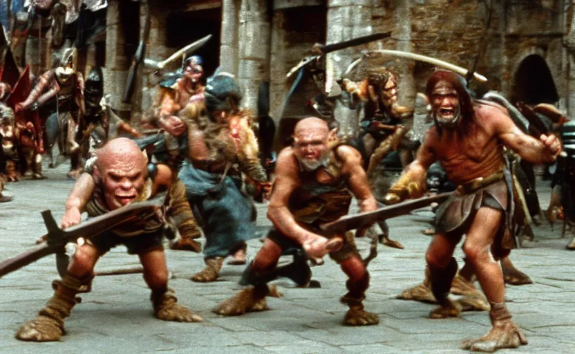 Image similar to movie still: goblins attack a medieval marketplace, by David Bailey, Cinestill 800t 50mm eastmancolor, heavy grainy picture, very detailed, high quality, 4k, HD criterion, precise texture and poses