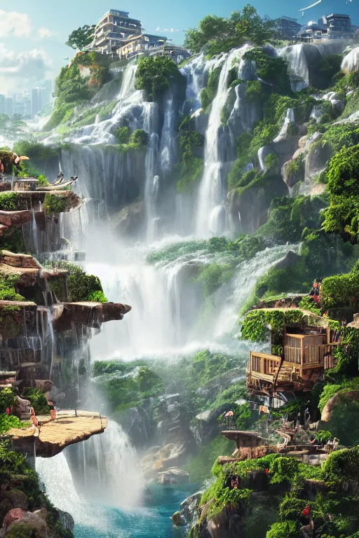 Prompt: an awesome sunny day environment concept art on a cliff with huge waterfalls, nature meets architecture by kengo kuma and wes anderson with village, residential area, mixed development, highrise made up staircases, balconies, full of glass facades, cgsociety, fantastic realism,, artstation hq