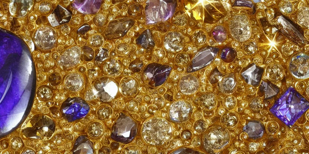 Prompt: modern scientific documents, crystals and gold, in rich color, aged paper, texture, highly detailed, lots of pictures, close up, no text