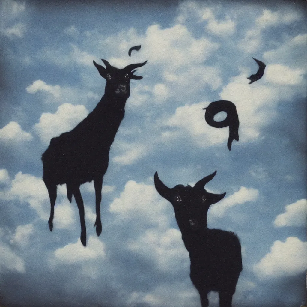 Prompt: polaroid of a black goat in the sky, hyperrealistic, detailed