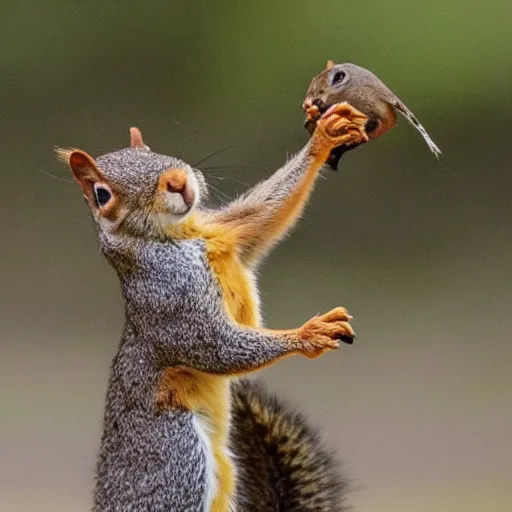 Image similar to close up of squirrel punching a blackbird, cinematographic shot,