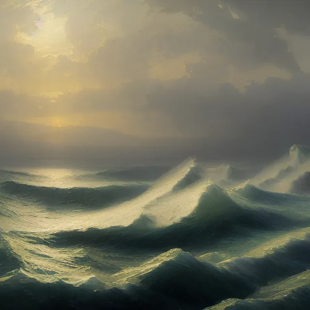 Image similar to a beautiful painting of the sea by ( ivan aivazovsky ) and sin jong hun and greg rutkowski and george varodi. in style of concept art. 4 k texture. ray tracing. sharp lines, hyper detailed. octane render. trending on artstation