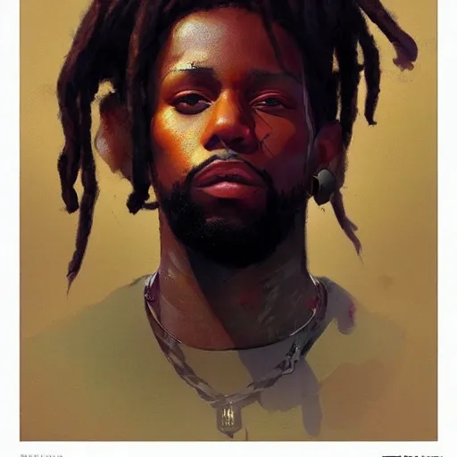 Prompt: a beautiful portrait of a hip hop artist with dreads by greg rutkowski and bill sienkiewicz trending on artstation