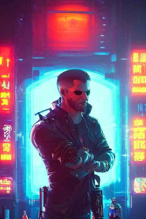 Prompt: a portrait of a rough male adventurer from cyberpunk 2 0 7 7, cyberpunk night club setting, vivid colors, soft lighting, atmospheric, cinematic, moody, in the style of ilya kuvshinov and range murata, krenz cushart, rule of thirds, oil on canvas, 8 k