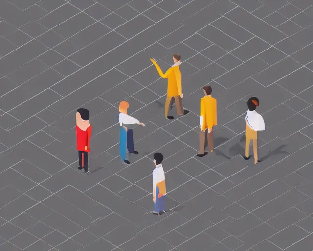 Prompt: A small crowd of miniature professional people standing on a giant laptop, isometric, highly detailed, sharp lines, angular 16-color