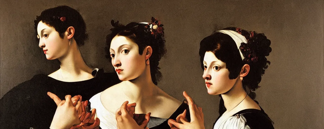 Image similar to painting by caravaggio, young woman in baroque dress, detailed, stunning