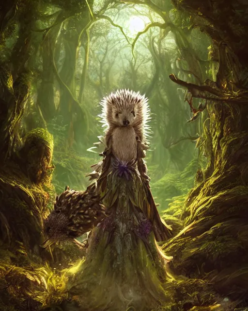 Image similar to Hedgehog druid, gaia, nature, fairy, forest background, magic the gathering artwork, D&D, fantasy, cinematic lighting, centered, symmetrical, highly detailed, digital painting, artstation, concept art, smooth, sharp focus, illustration, volumetric lighting, epic Composition, 8k, art by Akihiko Yoshida and Greg Rutkowski and Craig Mullins, oil painting, cgsociety