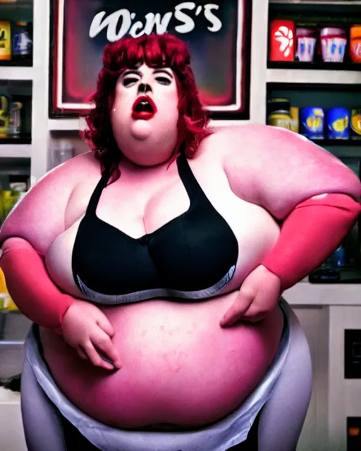 Prompt: film still of obese 3 0 0 - pound elizabeth gillies at mcdonald's, vibrant high contrast, octane, arney freytag, cinematic, portrait, backlit, rim lighting, 8 k