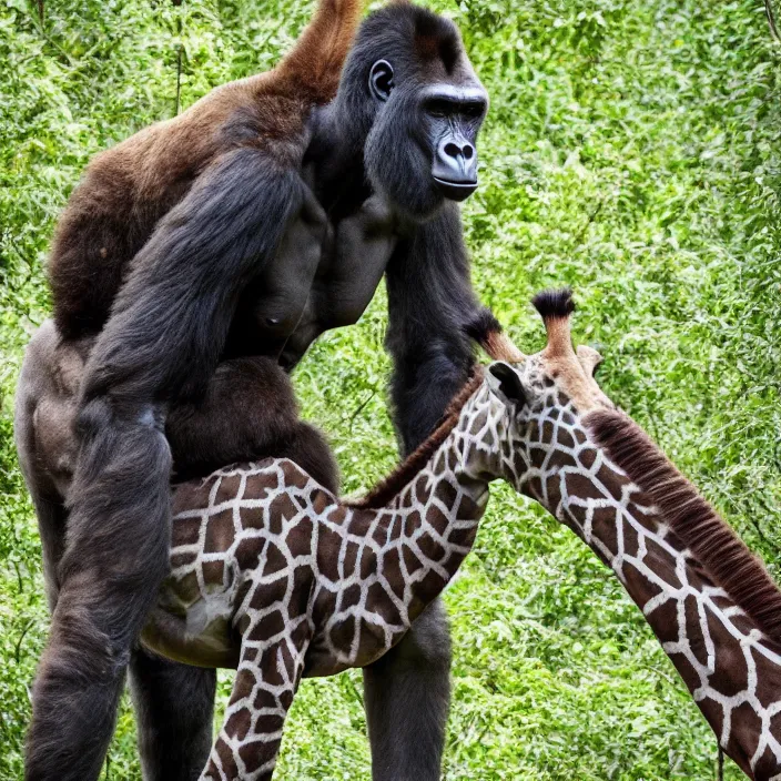 Prompt: rare sighting of a giraffe gorilla, a hybrid between a giraffe and a gorilla, 4 k national geographic photograph