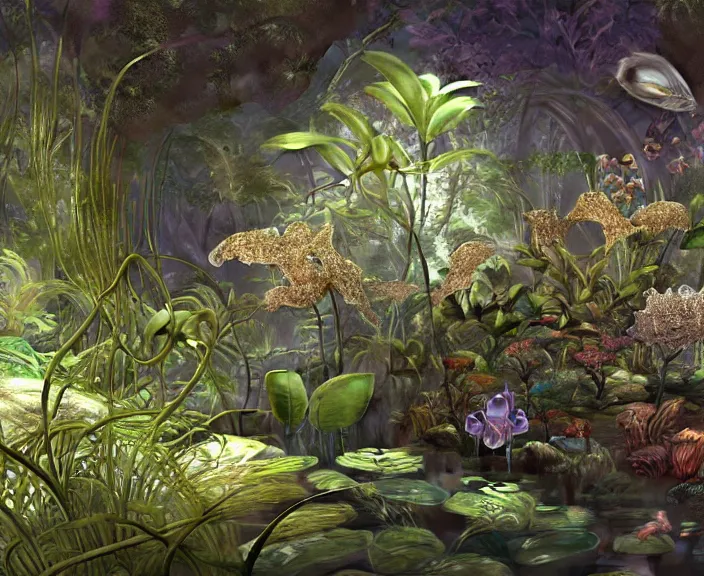 Image similar to simplicity, transparent clear see - through image of mollusks, lush botany, orchids, ferns, garden environment, ultra realistic, concept art, art nouveau, photorealistic, octane render, 8 k, unreal engine. art by gustave dore and nori inoguchi and sam kaplan and zachary goulko and christopher marley and artgerm and alphonse mucha