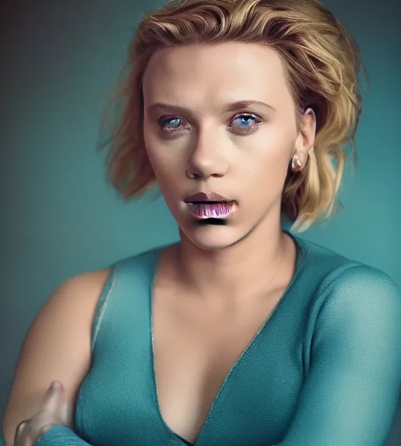 Image similar to beautiful portrait photo of Scarlett Johansson, slight smile, photo by Annie Leibovitz, 85mm, teal studio backdrop