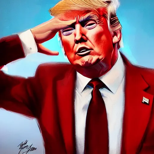 Image similar to donald trump as a communist, doing a military salute, red suit, art by artgerm, greg rutkowski, drew struzan, studio portrait, highly detailed, digital art, elegant, intricate, concept art, trending on artstation