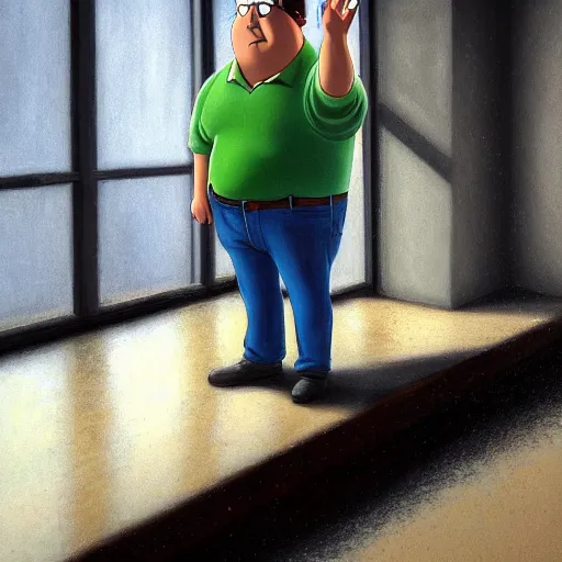 Image similar to high quality high detail painting by john salt, realistic peter griffin from family guy standing in a basement with concrete floor. light ray from a blurry window, floating dust, motion blur, gloomy, stippled walls, cinematic shot, epic, realistic, 4 k, perfectly defined features