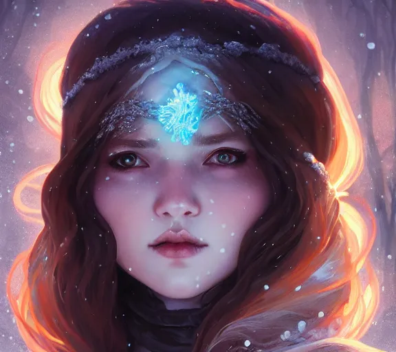 Image similar to beautiful ancient frost witch, fire in eye, snow glow, pool party, highly detailed, digital painting, artstation, sharp focus, illustration, art by tan zi and ayanamikodon and alphonse mucha and wlop