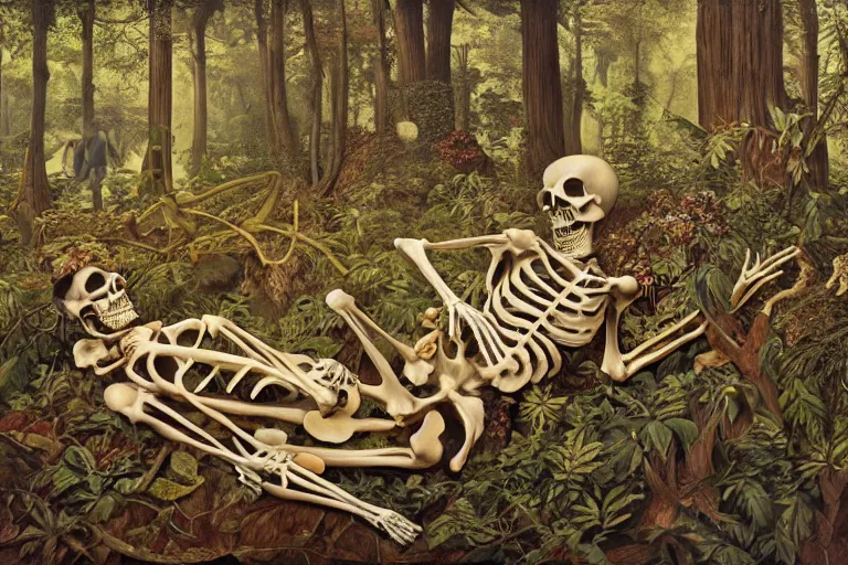 Prompt: skeleton in a forrest by james jean and salvador dali and shusei nagaoka, oil on canvas, exquisitely intricate details, surrealism, neoclassicism, renaissance, hyper realistic, ultra detailed, cell shaded, 8 k