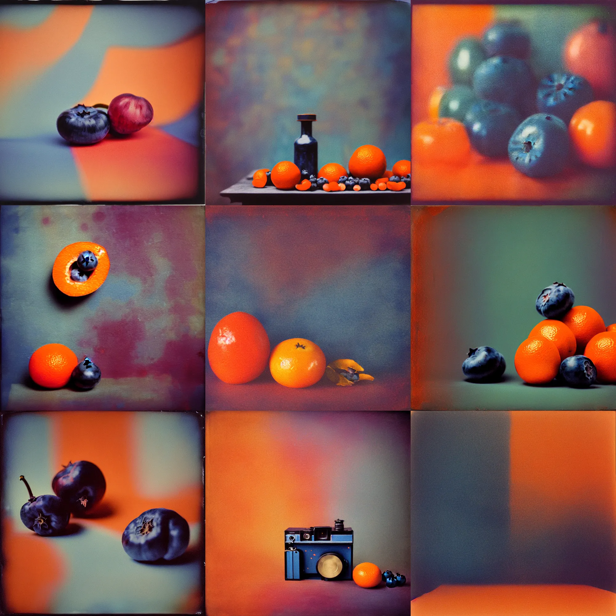 Prompt: kodak portra 4 0 0, wetplate, muted colours, motion blur, still life photo of a backdrop, coloured in blueberry and orange, by britt marling,