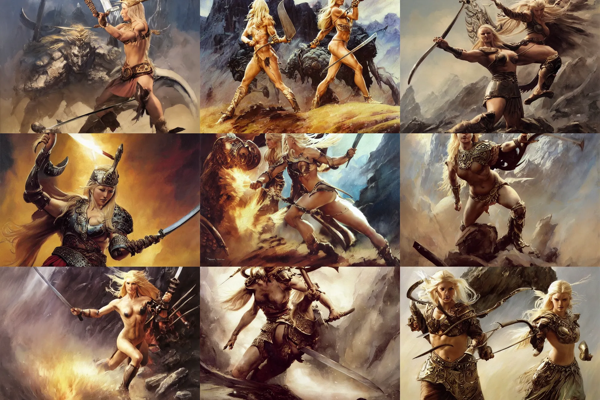 Prompt: An oil painting of a beautiful blonde viking woman running into battle with sword, ancient armor, aesthetic, by Frank Frazetta, Greg Rutkowski, Boris Vallejo, Neal Hanson, Christian MacNevin, epic fantasy character art, goddess of war, goddess of anger, high fantasy, full length, exquisite detail, post-processing, low angle, masterpiece, cinematic, colossal dragon in background