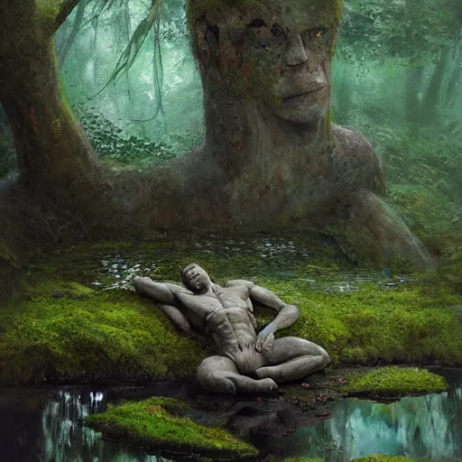 Prompt: ancient stone golem resting beside a pond inside a forest, muscular human statue with moss, oil painting, by Greg Rutkowski