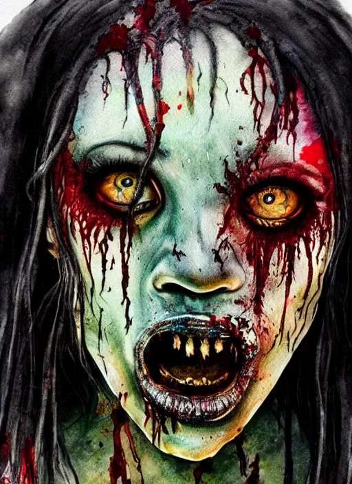 Image similar to african american zombie hollywood artwork professional acting headshot, hyperrealism, intricate detail, studio lighting, charming expression gesicht, hauntingly beautiful zombie, watercolor art, epic, legendary, drawn and painted, colored layers, dulled contrast, exquisite fine art, splatterpaint