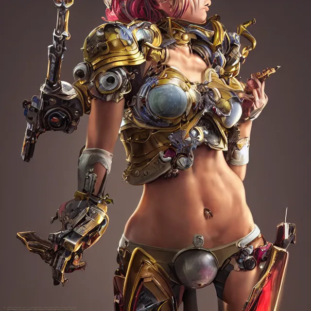 Image similar to studio portrait of lawful good colorful female holy mecha paladin absurdly beautiful, elegant, young skinny bikini model, ultrafine hyperrealistic detailed face illustration by kim jung gi, irakli nadar, intricate linework, sharp focus, bright colors, matte, octopath traveler, final fantasy, unreal engine highly rendered, global illumination, radiant light, intricate environment