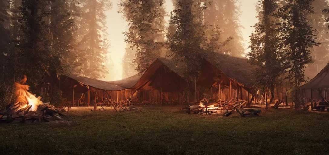 Image similar to longhouse, campfire, teepee, very detailed, octane render, realistic, 8 k, unreal engine 5, dramatic, volumetric, dead trees, dusk, greg rutkowski