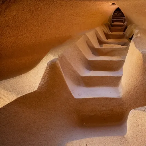 Prompt: Penrose stairs inside of sandy Egyptian catacombs, amber sunset lighting, sand waterfalls