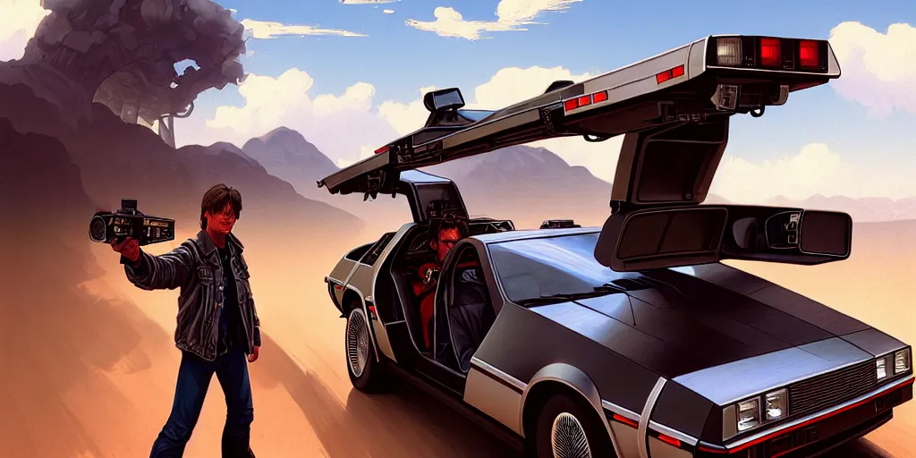 Prompt: the terminator and marty mcfly drive the delorean to the wild west, highly detailed, digital painting, artstation, concept art, matte, sharp focus, illustration, art by artgerm and greg rutkowski and alphonse mucha