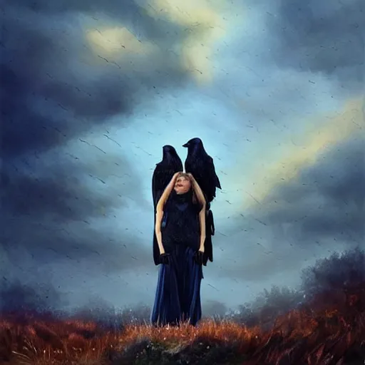 Image similar to morning, raven bird perching on the shoulder of a woman in a black dress. sun, cinematic, clouds, vogue cover style, copper and deep blue mood, realistic painting, intricate oil painting, high detail, figurative art, multiple exposure, poster art, 3 d, by simon bisley, ismail inceoglu, wadim kashin, filip hodas.